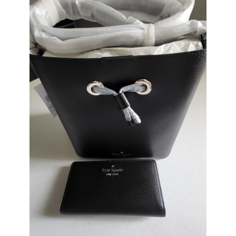 NEW Kate Spade Black Saffiano Leather‎ Bucket Bag and Slim Wallet Set K4378 - Picture 2 of 9